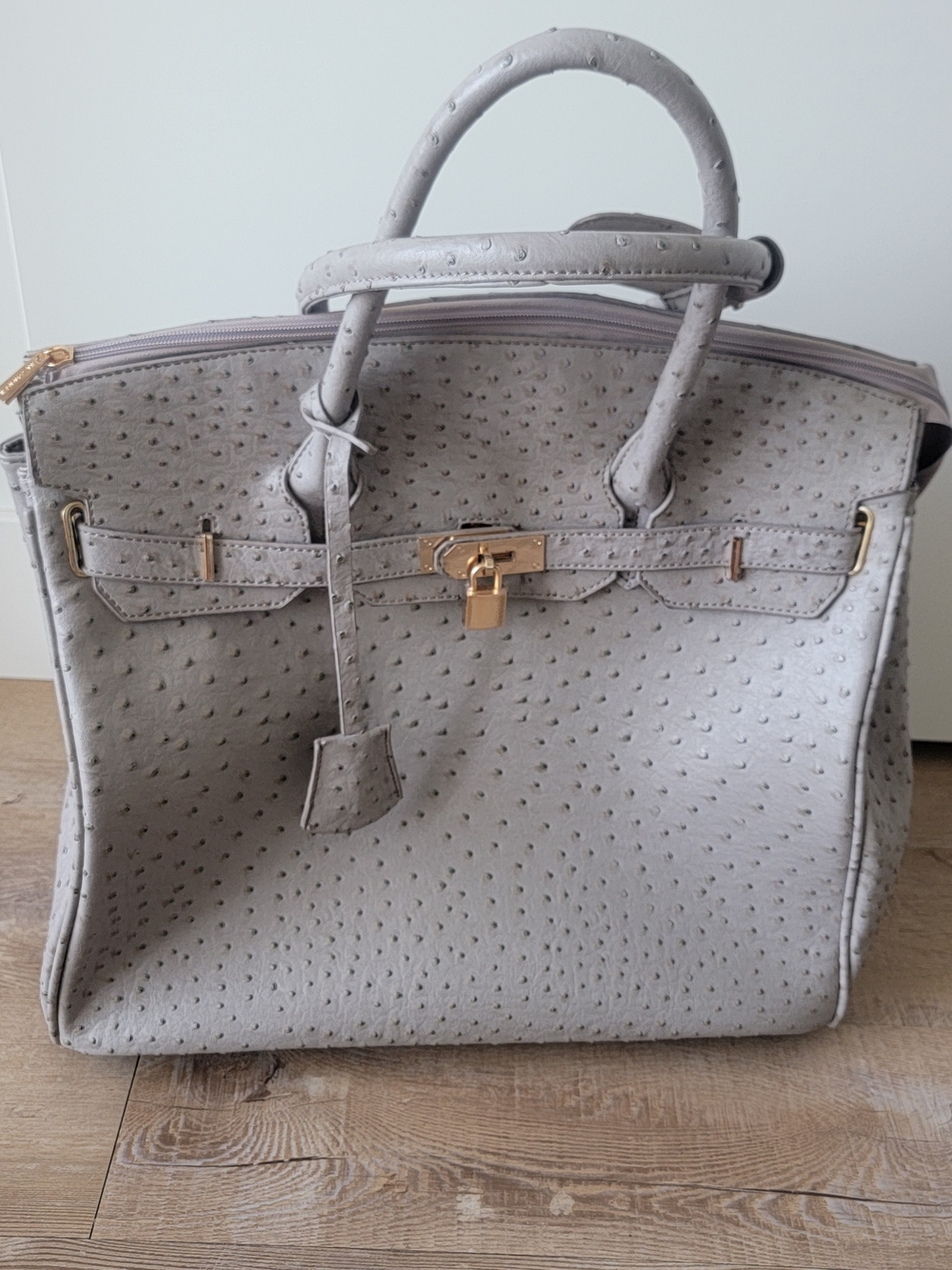KC Jagger Light Gray Ostrich-Texture Satchel with Gold Hardware